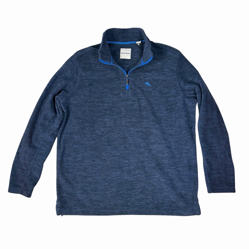 Tommy Bahama Men's XL Heather Navy Fleece 1/4 Zip Pullover Marlin Logo